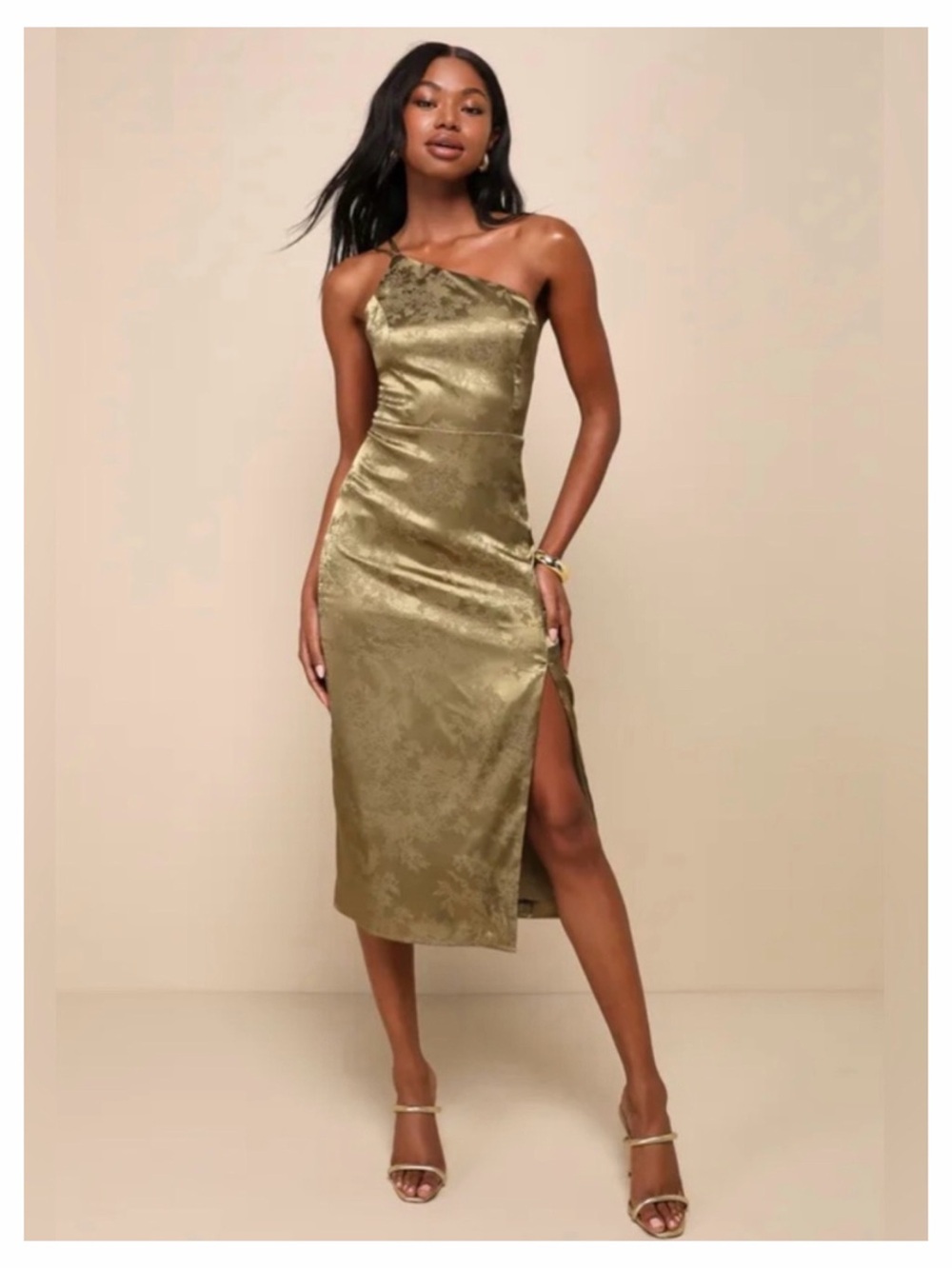 Lulus Desirable Dream Olive Satin Jacquard Halter Neck Midi Dress NWT Small 2-4